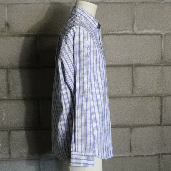 Tasso Elba SZ SM Indigo Blue, Aqua & White Plaid LS Men's Button Up Shirt - Picture 7 of 10